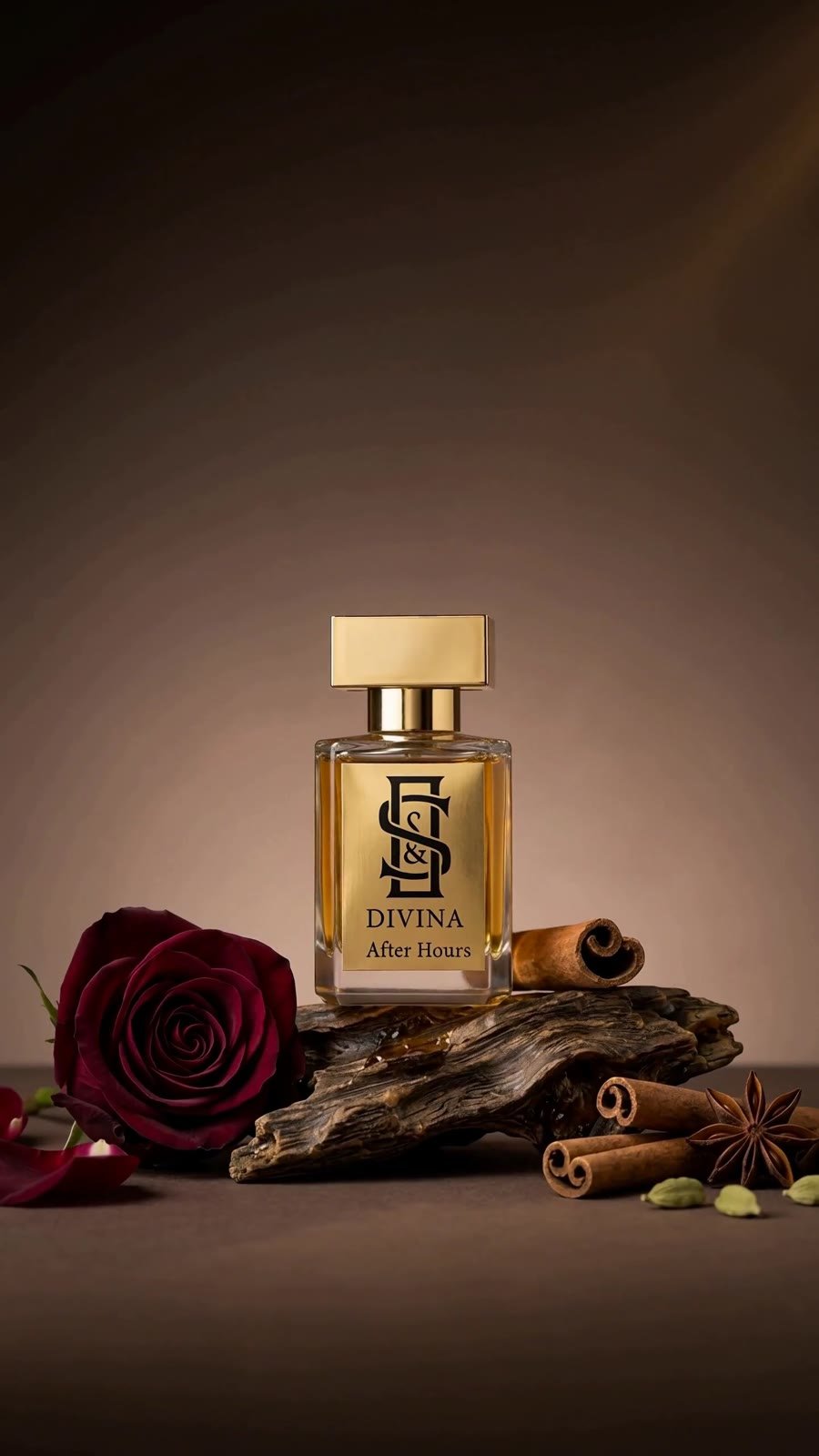 S&S Divina After Hours bottle styled with rose and spice